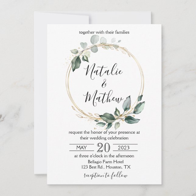 Convite Casamento Verde Folhas de Eucalipto Rústico Elegan (Frente)