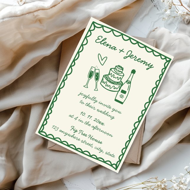 Convite Casamento Verde Francês Vintage Ilustrado (Green hand illustration hand written quirky wedding invitation)