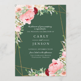 Convite Casamento Verde Geométrico Escamudo Rosa