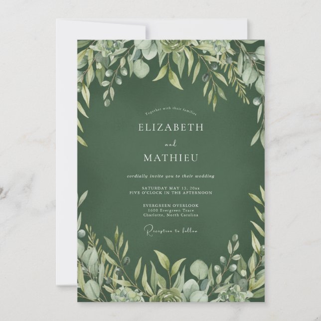 Convite Casamento Verde-Hunter Exuberante em Bosque (Frente)