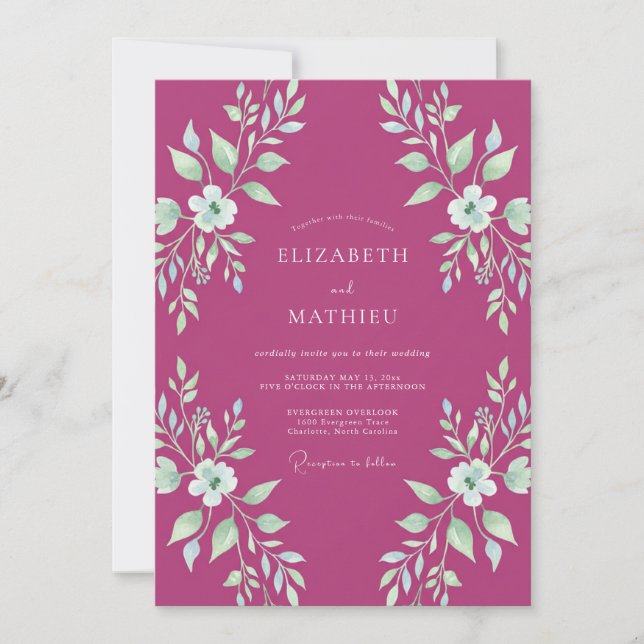 Convite Casamento Verde-Menta Magenta Folhado (Frente)