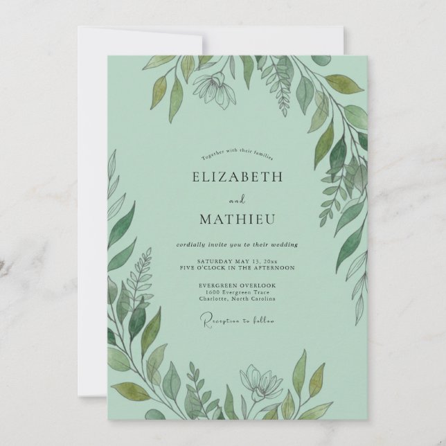 Convite Casamento Verde-Menta na Floresta Verdejante (Frente)