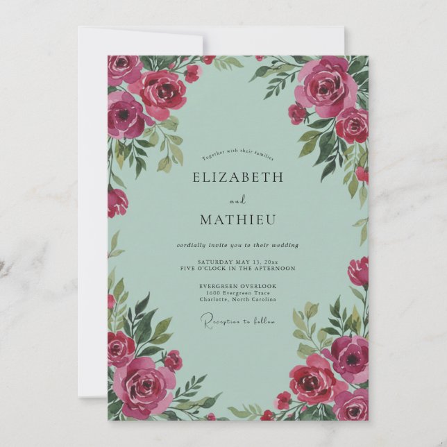 Convite Casamento Verde-Menta Ranunculus Cinza Eucalipto (Frente)