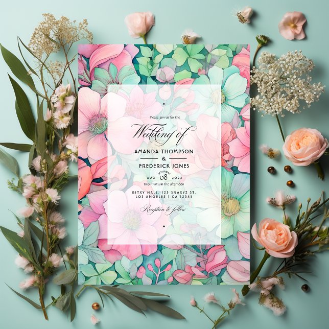 Convite Casamento Verde Menta, Rosa Bege e Cinza Marmore (Criador carregado)