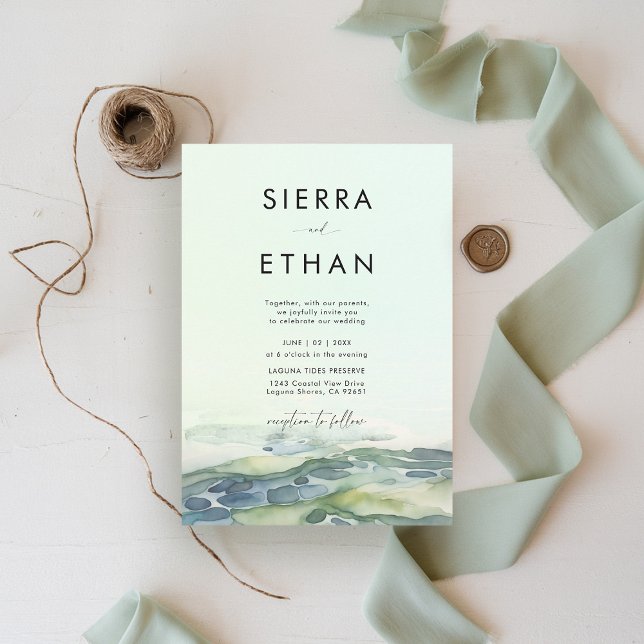 Convite Casamento Verde Moderno do Mar de Piscina de Coste (coastal wedding invitation rocky beach tide pool sea sage green ecru elegant romantic)
