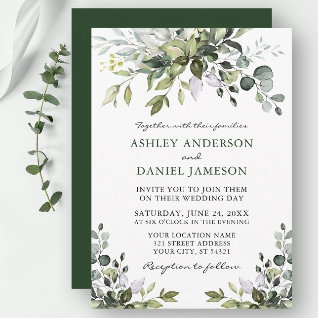 Convite Casamento Verde Moderno Elegante (Customize to change text color, style, add text & photos to back or change color of back of card.)