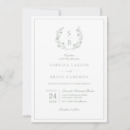Convite Casamento Verde Monograma Wreath Sage
