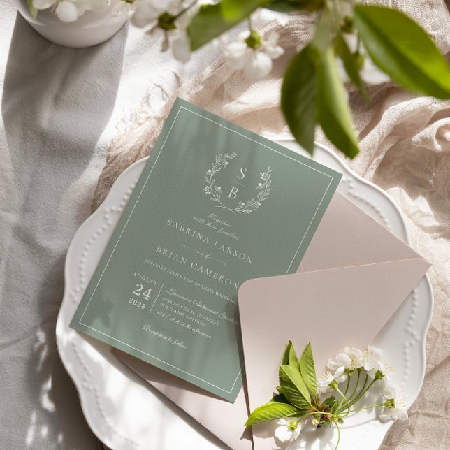 Convite Casamento Verde Monograma Wreath Sage (Criador carregado)