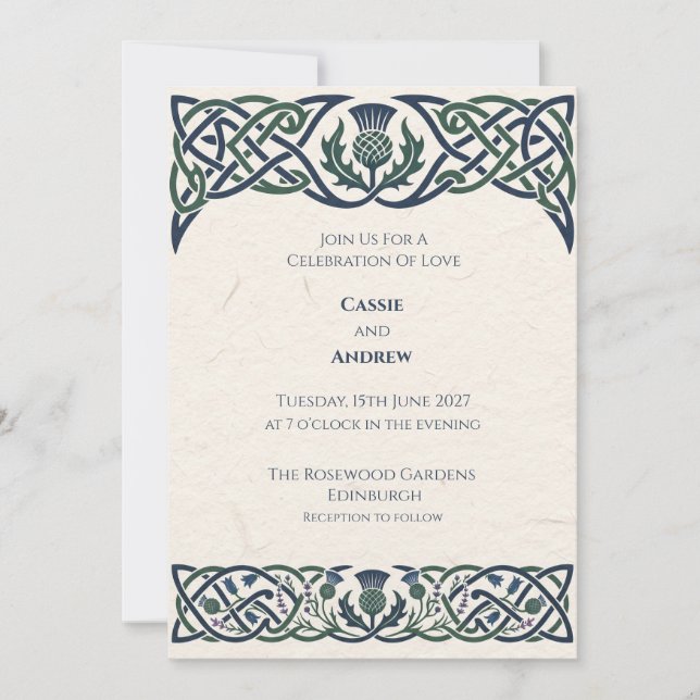 Convite Casamento Verde Navy Cardo Celta (Frente)