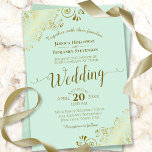 Convite Casamento Verde Neo Mint, Elegante e Dourado Amigo<br><div class="desc">Este belo convite para o casamento apresenta um design simples,  mas elegante,  com uma caligrafia de guião legada sobre um fundo verde neo mint e um filigre de folha de papel dourada nos cantos. A formulação é formal,  mas a disposição é moderna e na moda.</div>