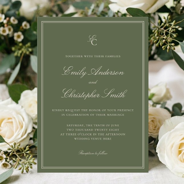 Convite Casamento Verde Oliva Clássico Elegante (Criador carregado)