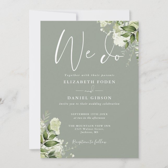 Convite Casamento Verde Oliva Código QR 'We Do Greenery' (Frente)