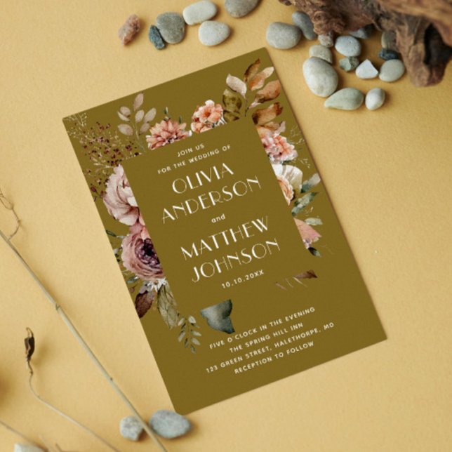 Convite Casamento Verde Oliva Dourado | Detalhes Florais d (Criador carregado)