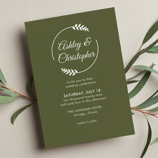 Convite Casamento Verde-Olival de Quadro Foliar Moderno (Criador carregado)