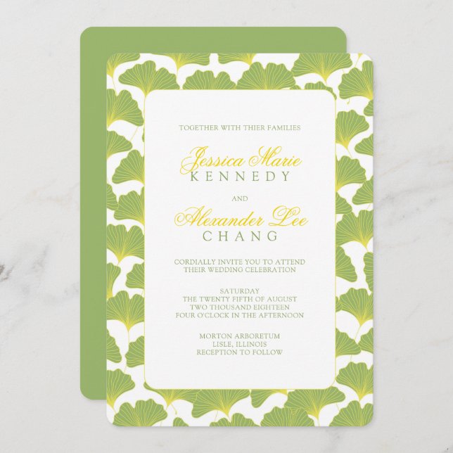 Convite Casamento Verde Primavera da Árvore Ginkgo (Frente/Verso)