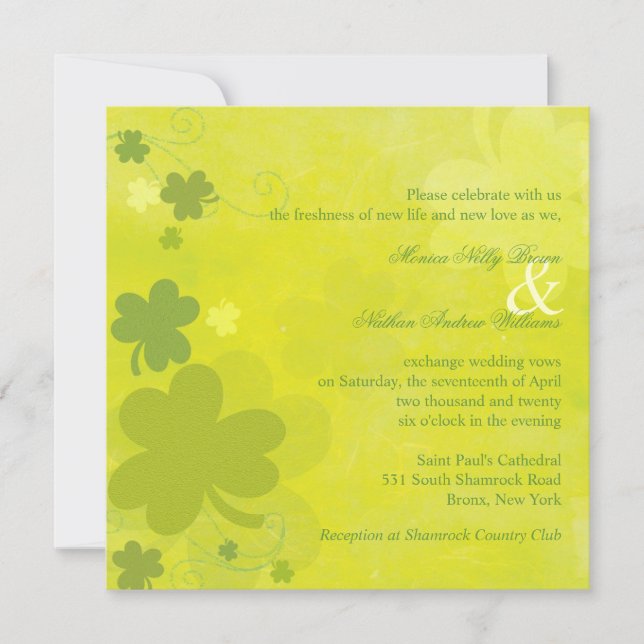 Convite Casamento Verde primavera Irish Shamrocks (Frente)