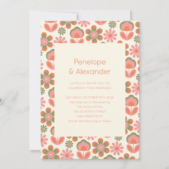 Convite Casamento Verde Rosa Boho 70s Flores (Frente)