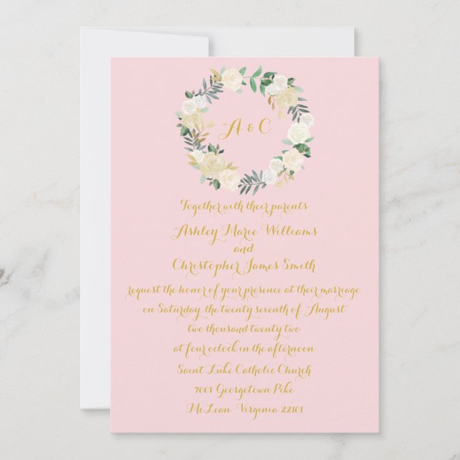 Convite Casamento Verde Rosa e Dourado Floral (Frente)