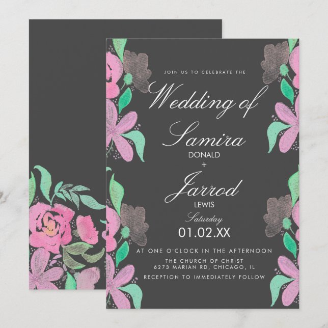 Convite Casamento Verde Rosa-Rosa-primavera (Frente/Verso)