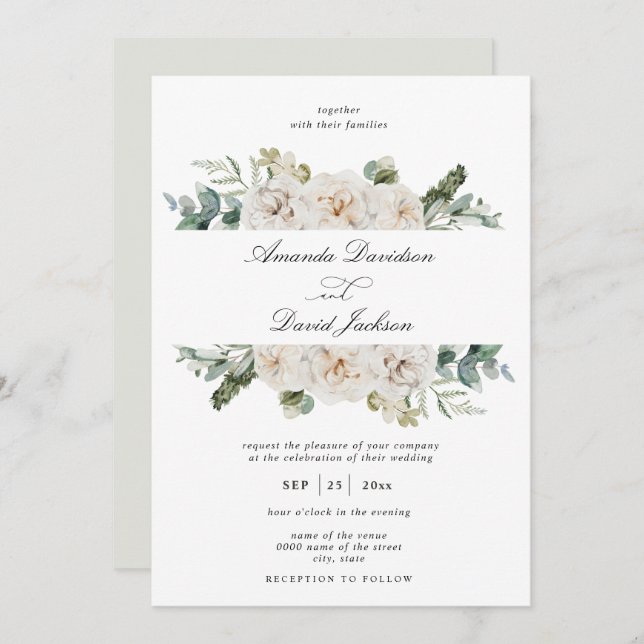 Convite Casamento Verde Rustic Greenery White Floral Sage (Frente/Verso)