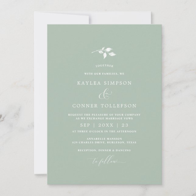 Convite Casamento Verde Sage Claro Simples Elegante Clássi (Frente)