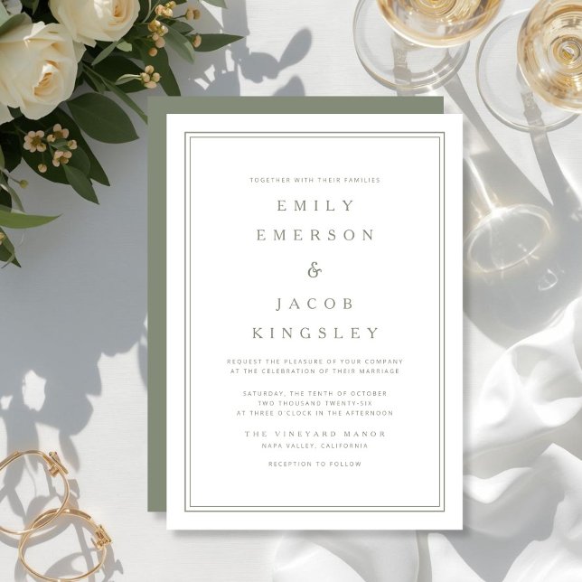 Convite Casamento Verde Sage Clássico Elegante (Elegant Classic Sage Green Wedding Invitation)