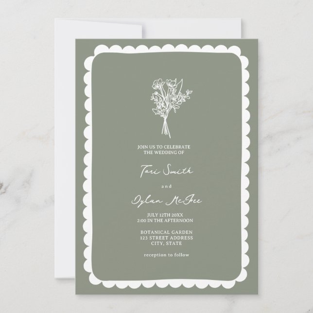 Convite Casamento Verde Sage com buquê Escalado (Frente)