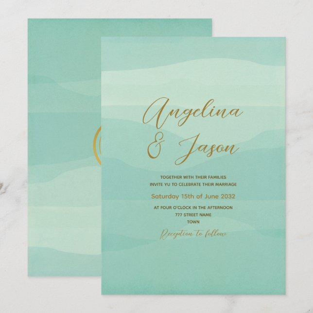 Convite Casamento Verde Sage Dourado Minimalista (Frente/Verso)