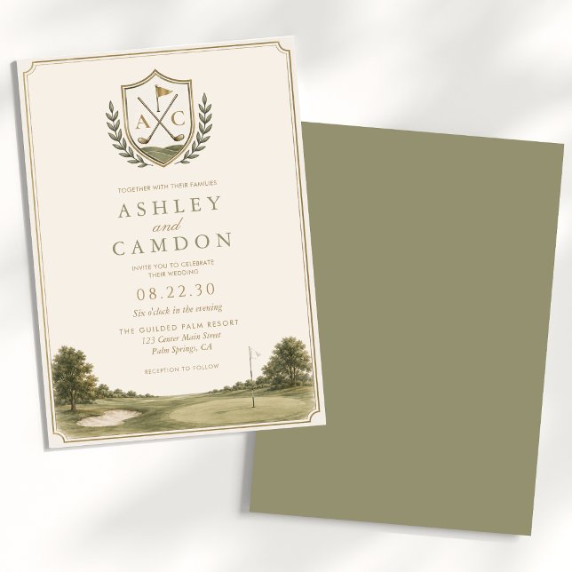 Convite Casamento Verde Sage Dourado Monograma de Golfe (Criador carregado)