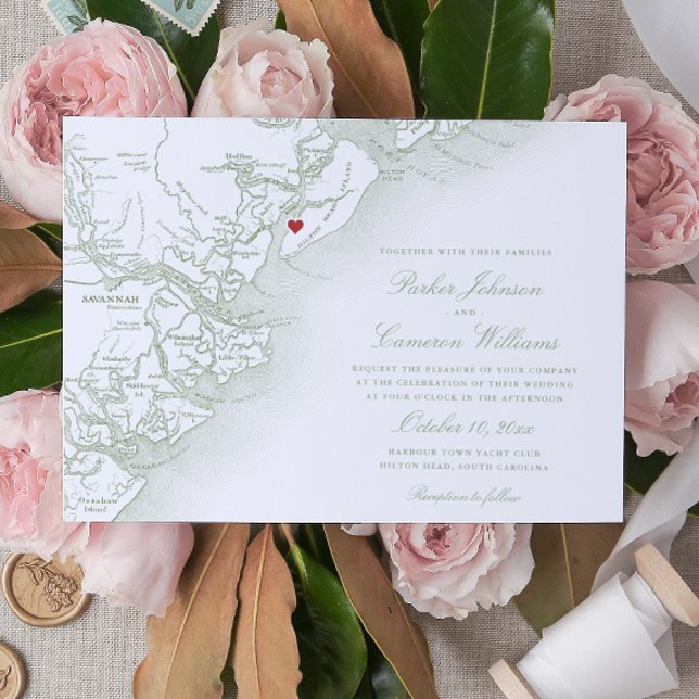 Convite Casamento Verde Sage - Ilha Elegante Hilton Head (Hilton Head SC Map Wedding Invitation in Elegant Sage Green by Coastal Map Designs)