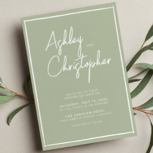 Convite Casamento Verde Sage, Manuscrito Minimalista