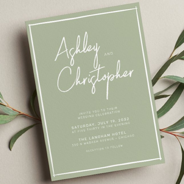 Convite Casamento Verde Sage, Manuscrito Minimalista (Criador carregado)