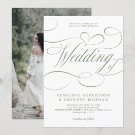 Convite Casamento Verde Sage Minimalista da Caligrafia Mod