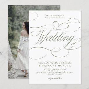 Convite Casamento Verde Sage Minimalista da Caligrafia Mod