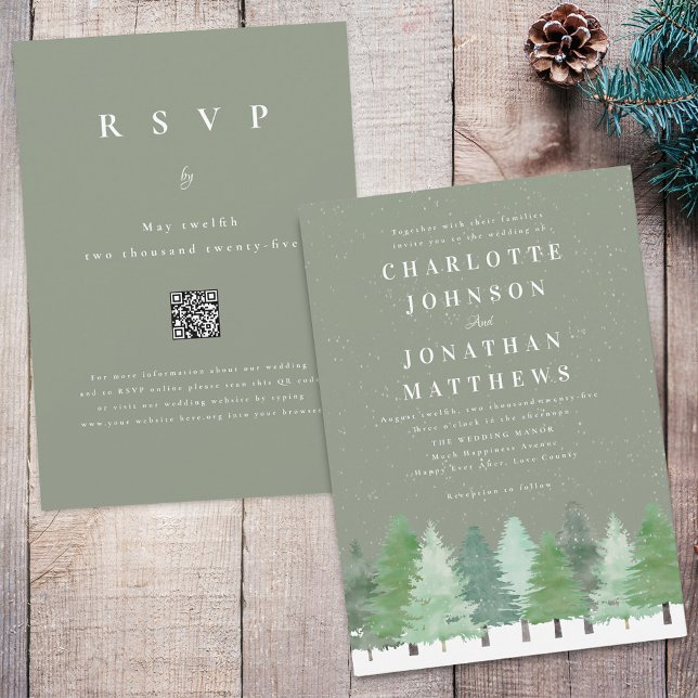 Convite Casamento Verde Sage na Floresta Moderna de Invern (Modern watercolor snowy Woodland forest sage green winter wedding qr code invitation)