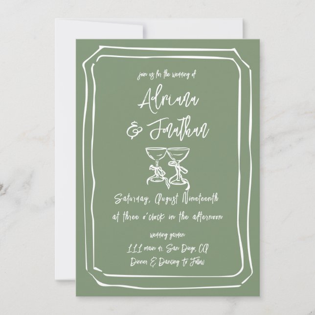 Convite Casamento Verde Sage Simples Mínimo (Frente)