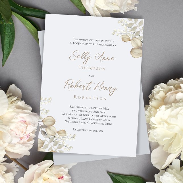 Convite Casamento Verde-Script Azul Elegante (Elegant light blue and sage green leaves wedding invitation.)
