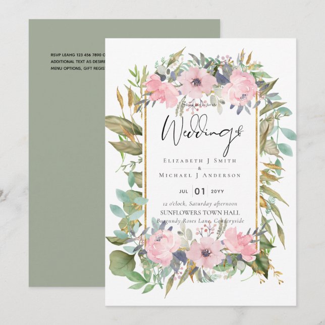 Convite Casamento verde-senso-verdejante cor-de-rosa (Frente/Verso)