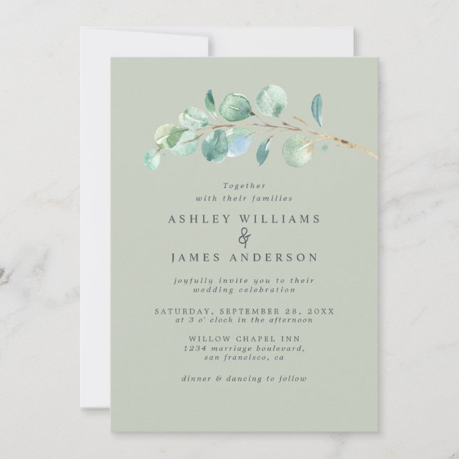 Convite Casamento Verde Simples Eucalyptus Foliage Pastel (Frente)