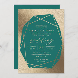 Convite Casamento Verde-Teal-Gemstone-Corte e Foil-Ouro
