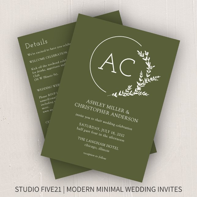 Convite Casamento Verde Tudo-em-Um com Quadro Foliar Moder (Criador carregado)