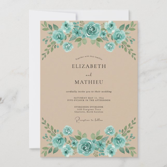Convite Casamento Verde Turquesa com Champanhe (Frente)