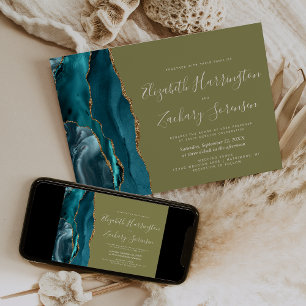 Convite Casamento Verde Verde Dourado de Teal Moderno