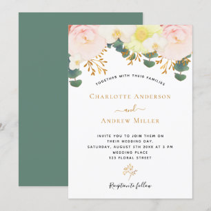 Convite Casamento verde-verde-ouro com flores brancas