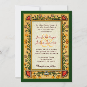 Convite Casamento Verde Vermelho Dourado das Flores Vintag