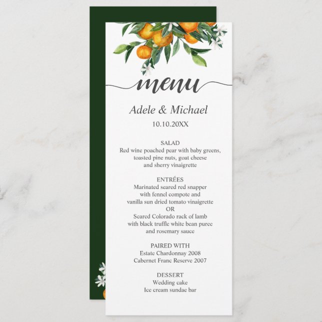 Convite Casamento Verde Vibrante Tangerine Citrus Orange (Frente/Verso)