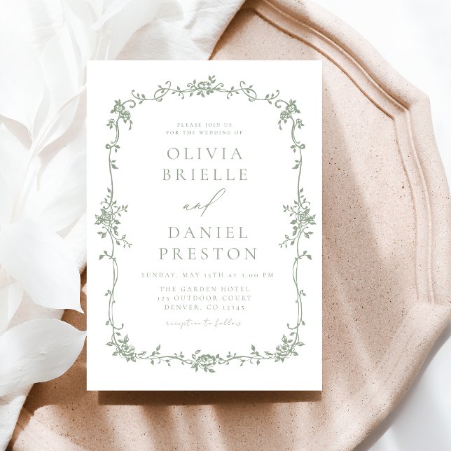 Convite Casamento Verde Vintage em França (Criador carregado)