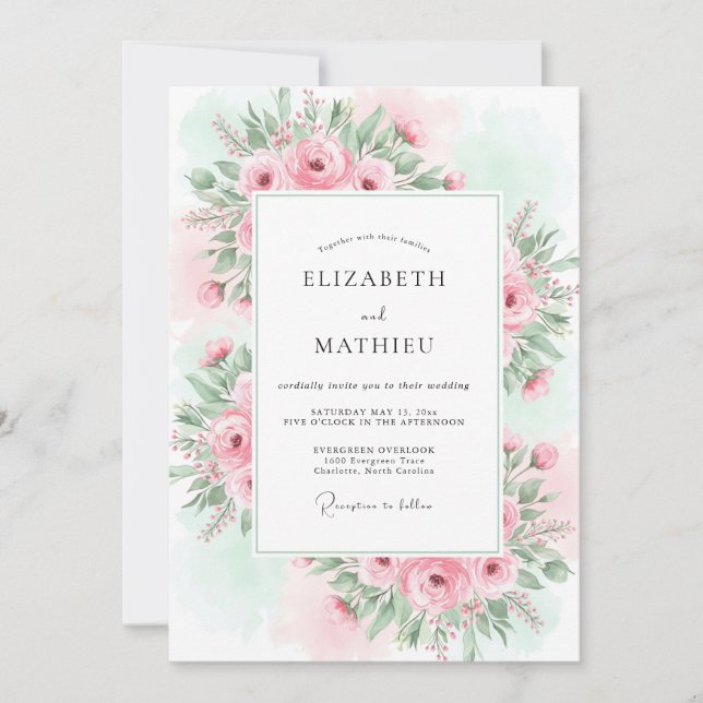 Convite Casamento Verdejante de Primavera com Rosa Cor-de- (Frente)