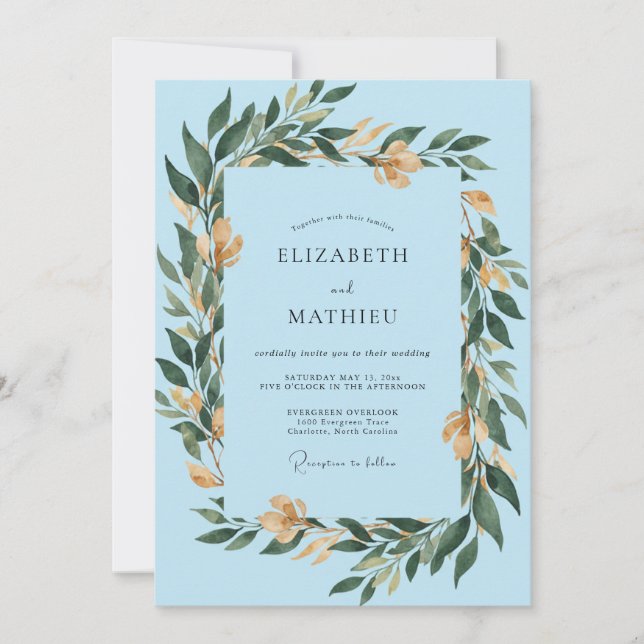 Convite Casamento Verdejante Primavera Azul Celeste (Frente)