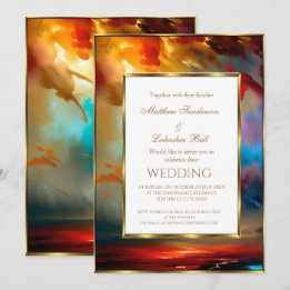 Convite Casamento vermelho azul turquesa dourado Moderno E